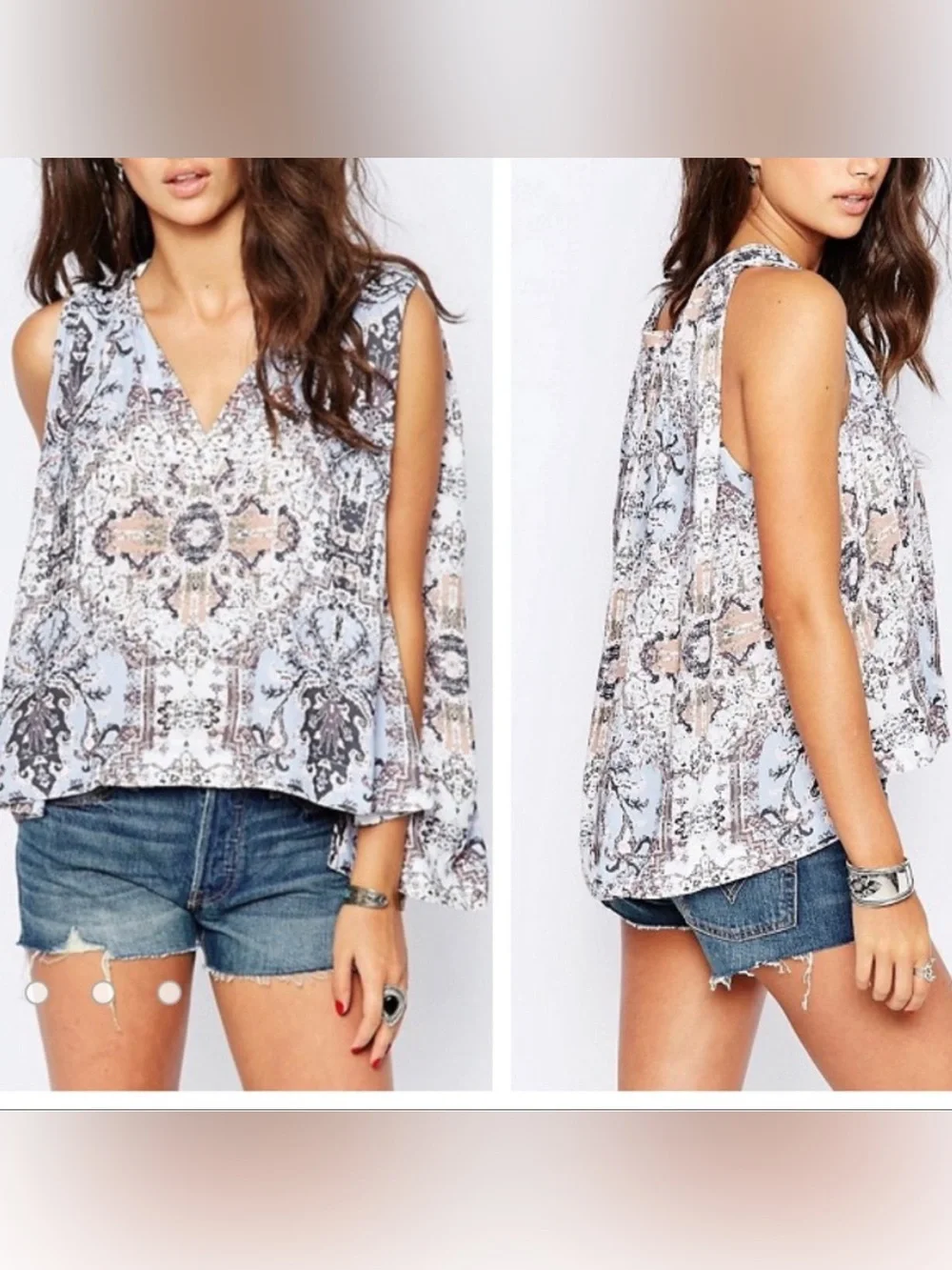 Free People Blue Multi Darcy V-Neck Printed Swing Top Size M